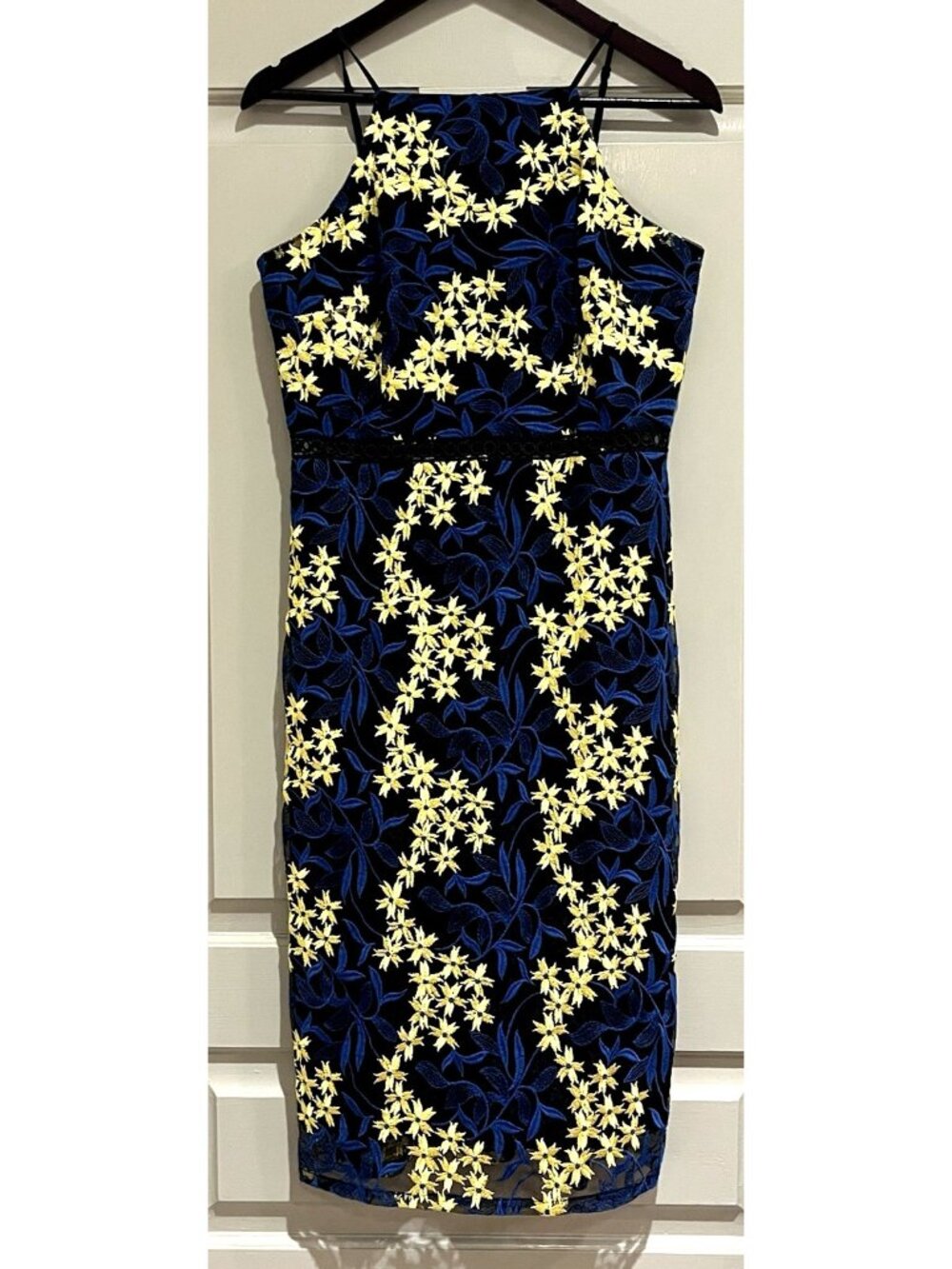 Sam Edelman Floral Embroidered Dress SZ 10 Blue Yellow Cocktail Party Date Night